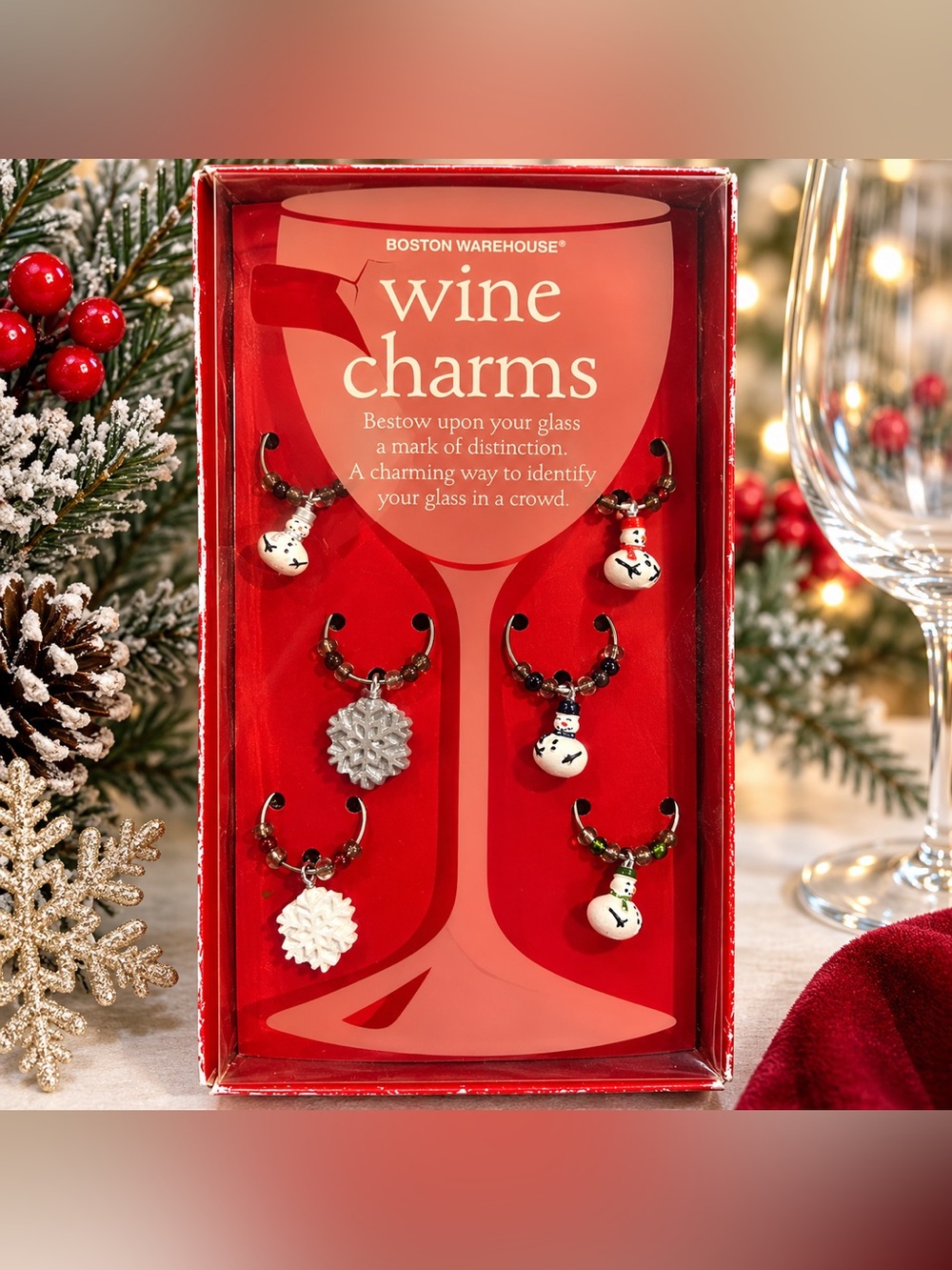 ❄️ Boston Warehouse Wine Charms – Snowman & Snowflake Set of 6 ❄️